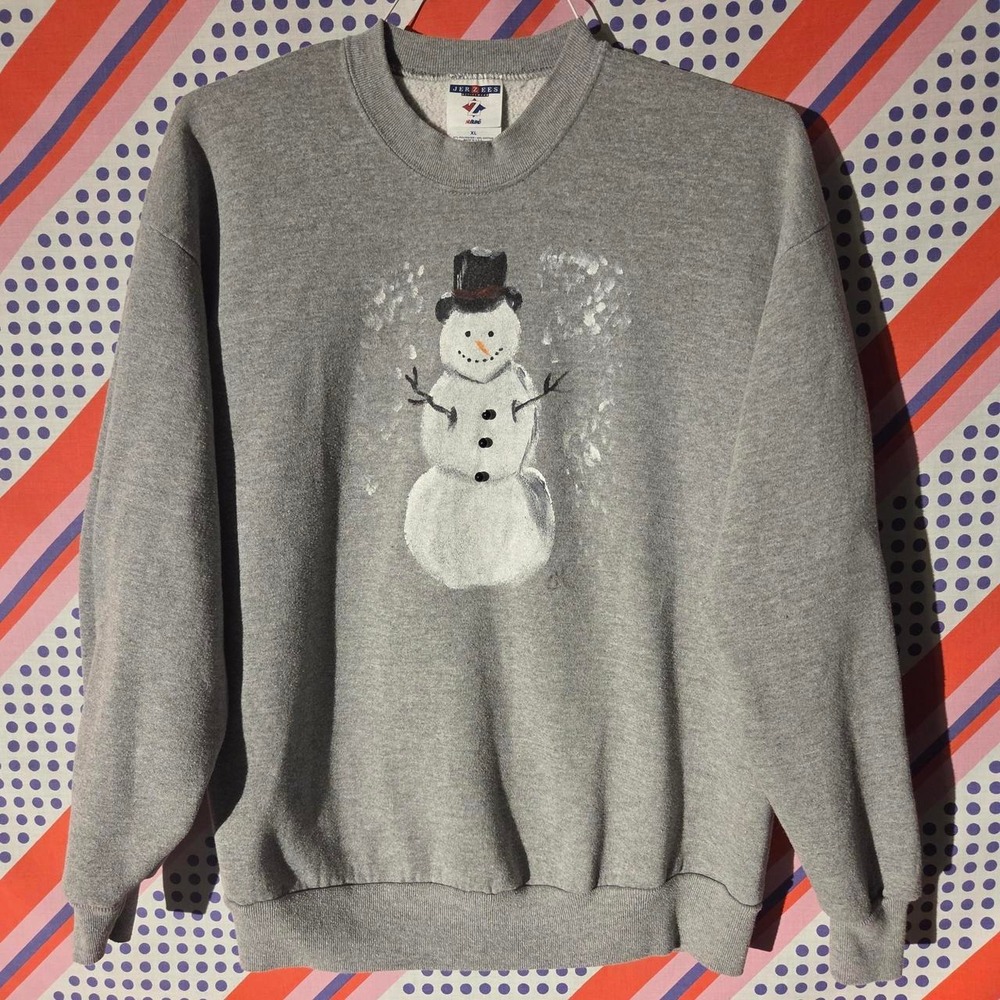 Vintage Jerzees Y2K Snowman Sweatshirt Grey XL Raised Buttons Christmas